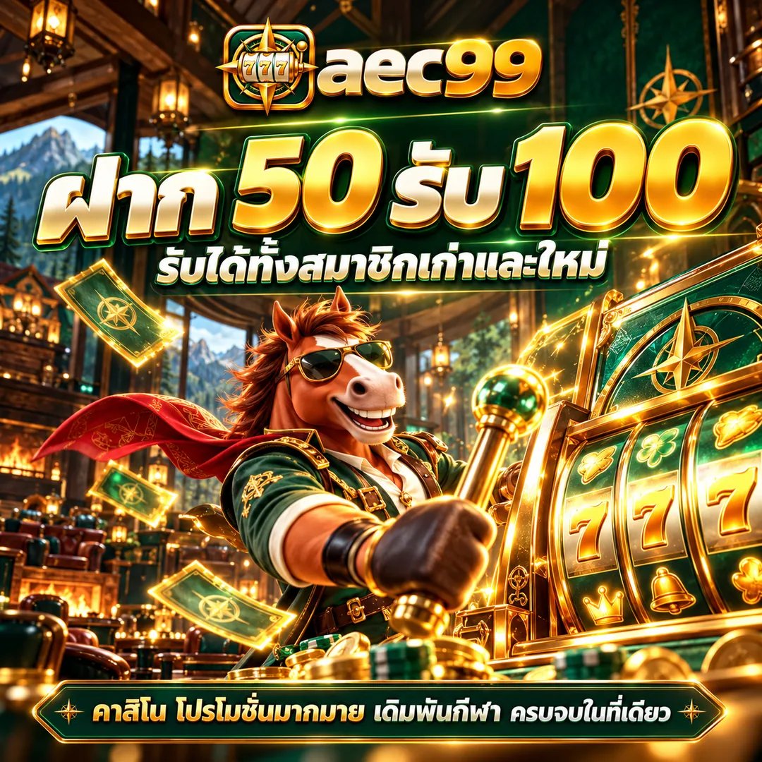 แบนเนอร์ aec99 ตัวละครม้าสวมแว่นกันแดดข้างเครื่องสล็อตและเงินสีเขียว