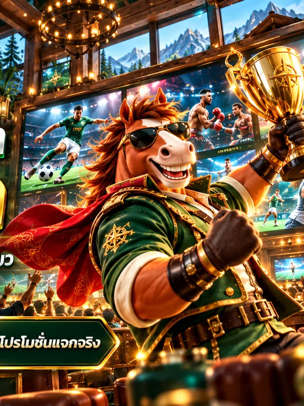 ม้าสวมแว่นกันแดดชูถ้วยหน้าจอกีฬาของ aec99